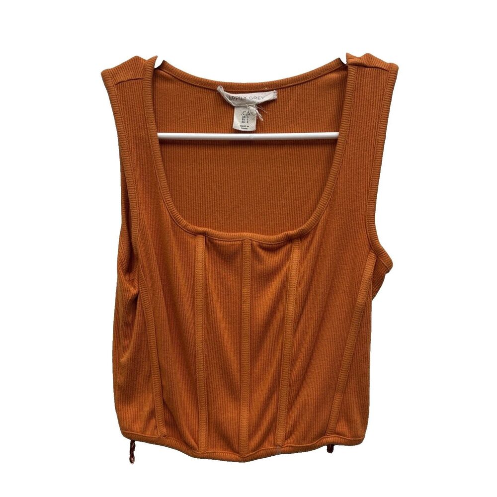 Happily Grey Orange Ribbed Knit Square Neck Tank Top Boning Seam Detail S Strap